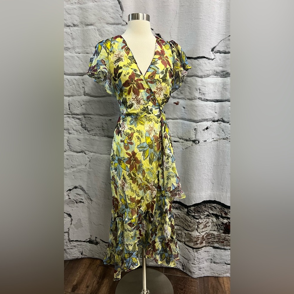 Tanya Taylor Blaire Linen Silk Midi Dress Ruffle Floral Gauze Summer Romantic - Picture 10 of 12
